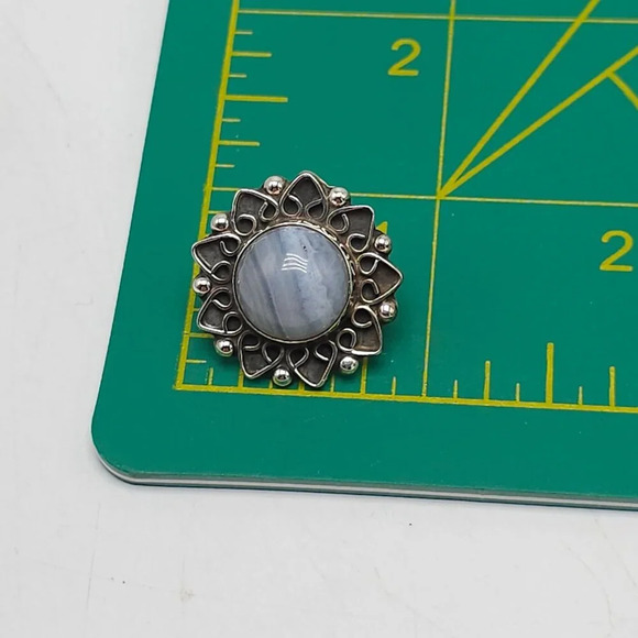 Vintage Sterling Silver CII Mexico Blue Lace Agate Sun Burst Earrings - Picture 6 of 6